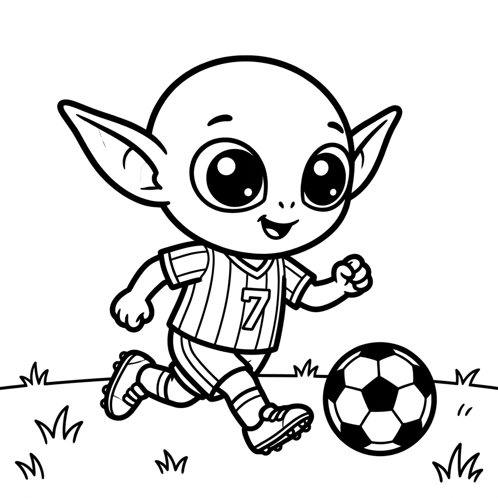 Baby Yoda coloring page playing soccer with a big ball